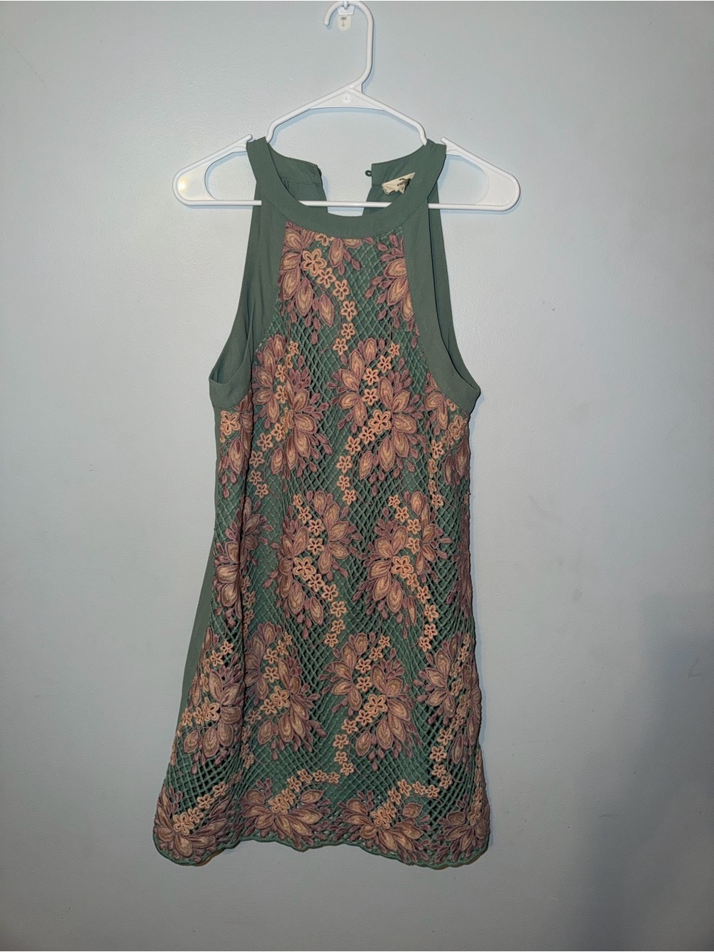 entro Green Dress with Peach/Pink Floral Lace Overlay